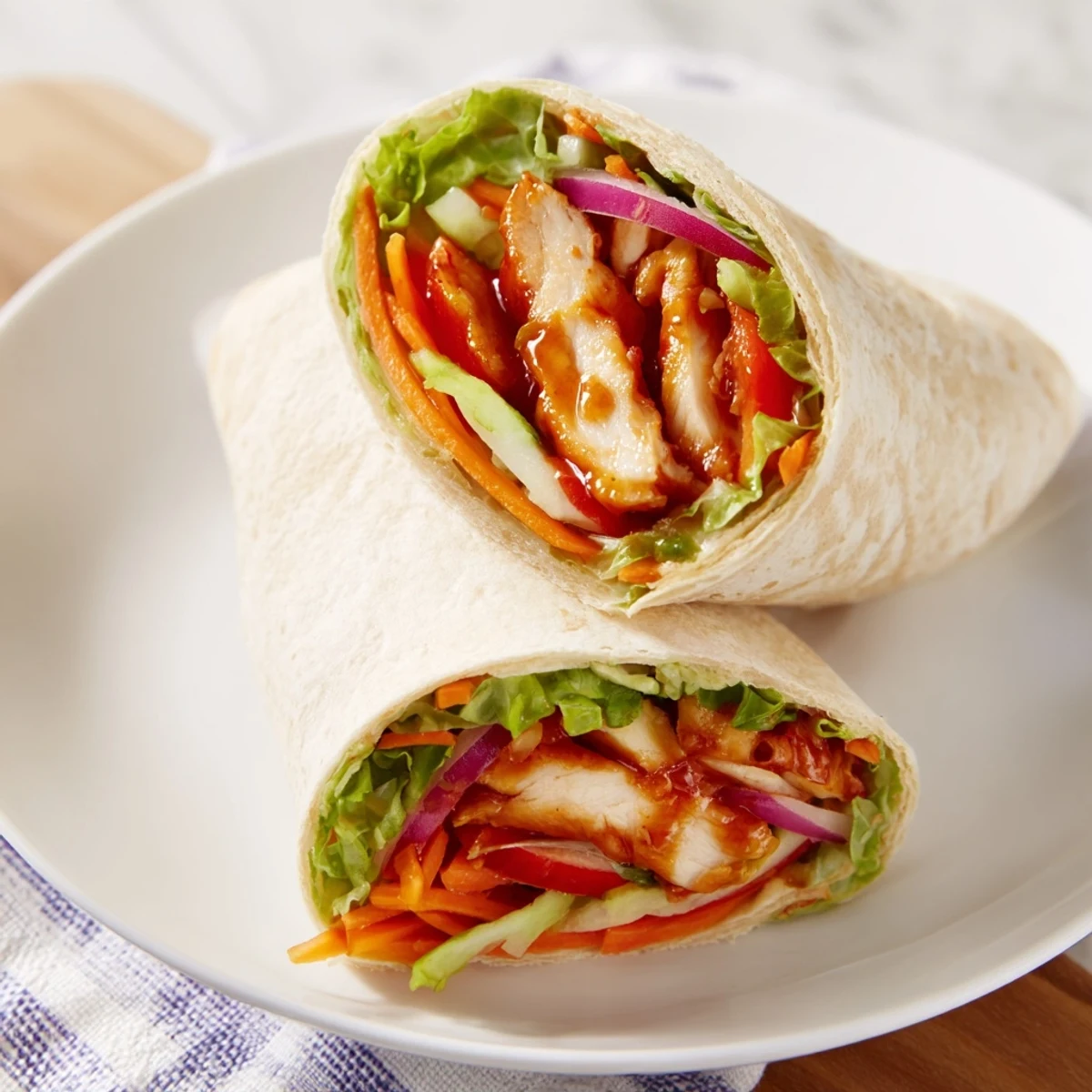 Golden-brown chicken strips coated in sticky honey sriracha sauce, nestled in a warm tortilla with julienned carrots and fresh cilantro for a crunchy, flavorful bite.