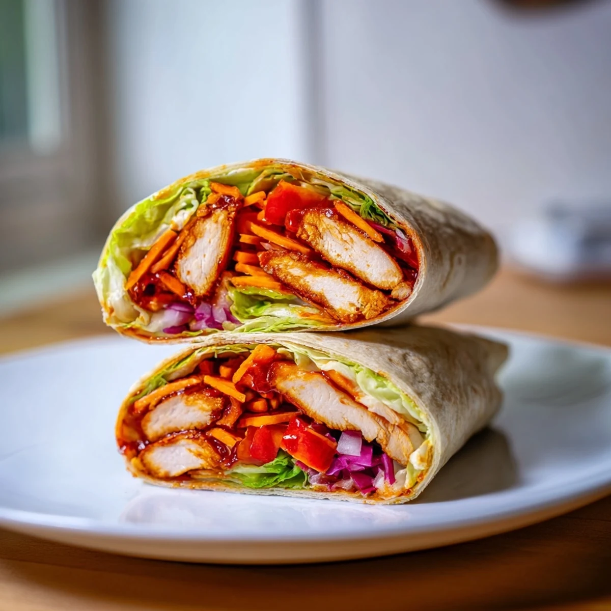 Savory and sweet Honey Sriracha Chicken Wrap served on a wooden board, garnished with red onion and cilantro, ready to be enjoyed as a quick weeknight dinner.