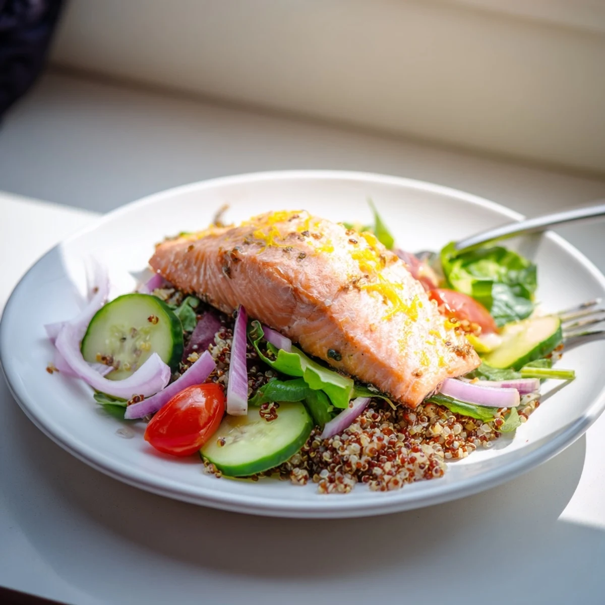 Lemon Herb Salmon Salad presented on a white plate, featuring quinoa, red onion, and vibrant herbs tossed in a homemade lemon vinaigrette.