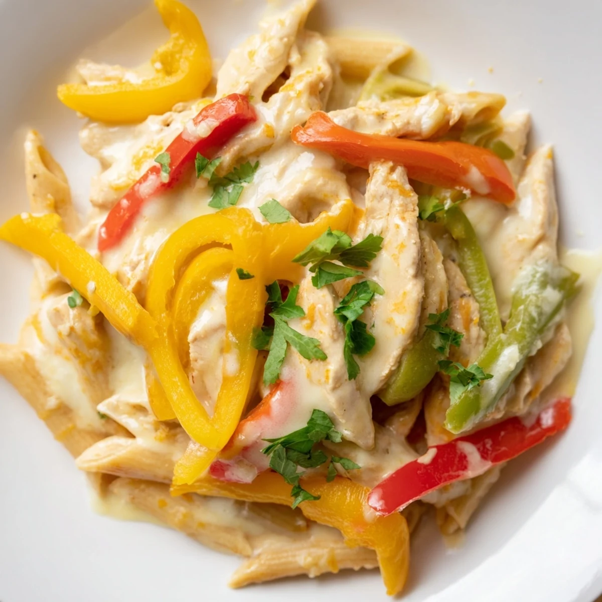 A close-up of creamy Fajita Chicken Pasta Skillet with colorful peppers and melted cheese.