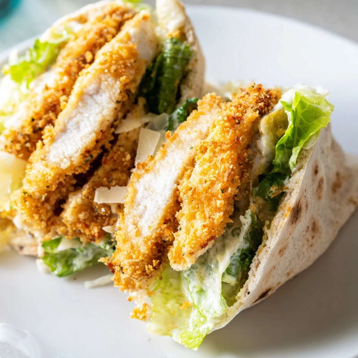 Golden crispy herbed chicken cutlets piled inside warm pita pockets with fresh Caesar salad.  