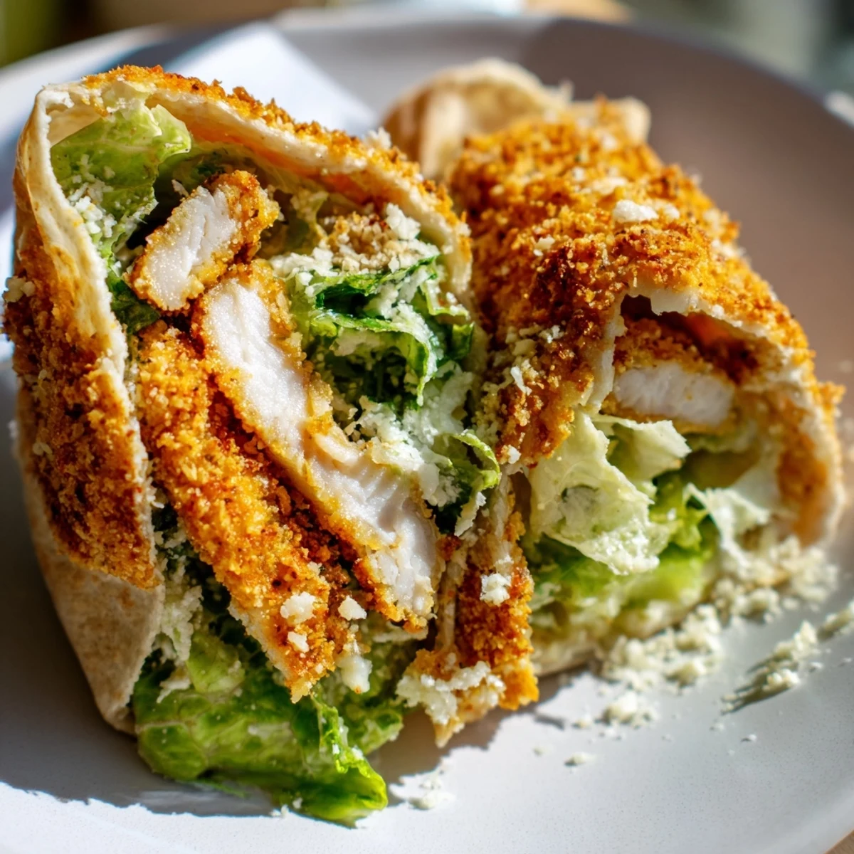 Crispy Herbed Chicken Caesar Pitas with tender chicken, crunchy croutons, and tangy dressing.  