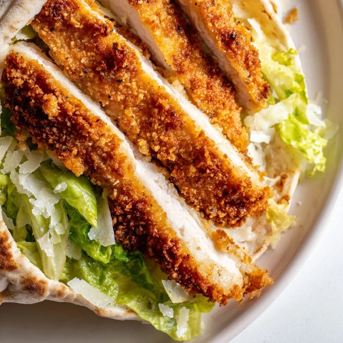 Warm pita stuffed with golden herbed chicken and Caesar salad, ready to enjoy.