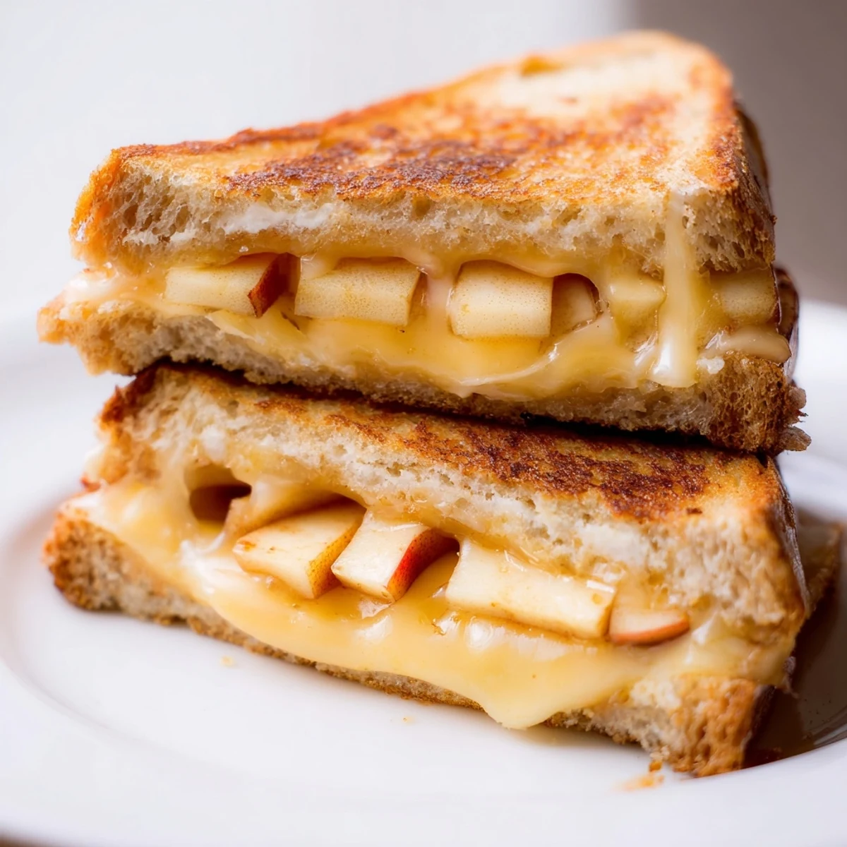 Golden-brown sourdough grilled cheese sandwiches with melted smoked Gouda and crisp apple slices on a plate.