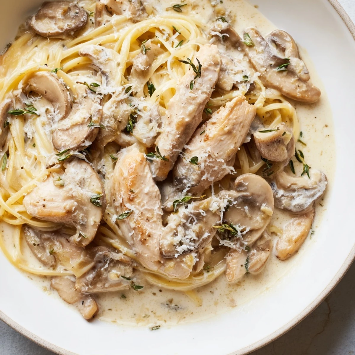 Tender chicken strips and skinny spaghettini coated in a velvety, light mushroom cream sauce, garnished with fresh parsley.  