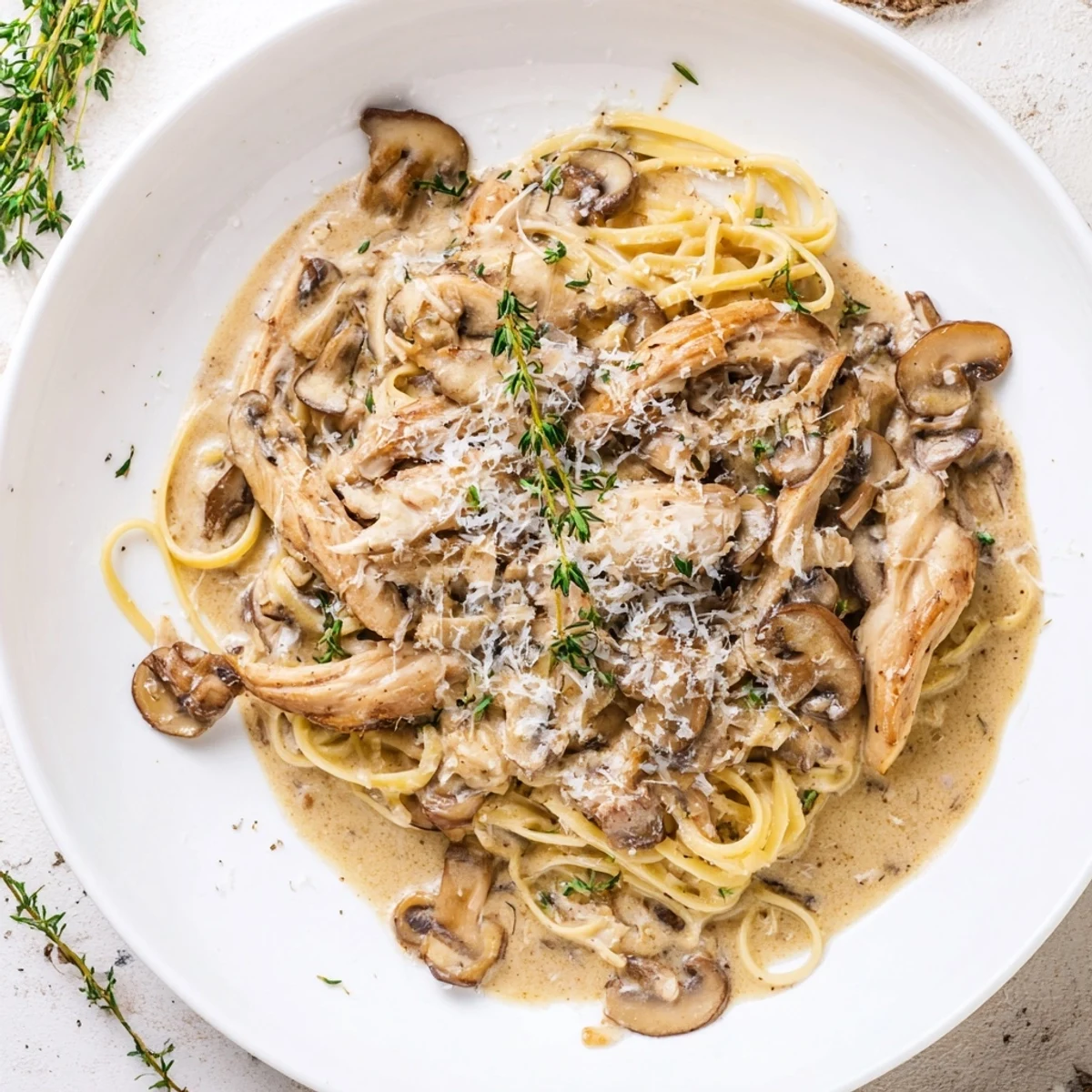 Creamy Mushroom Chicken Spaghettini served in a warm bowl, topped with grated Parmesan and a sprinkle of fresh thyme.  