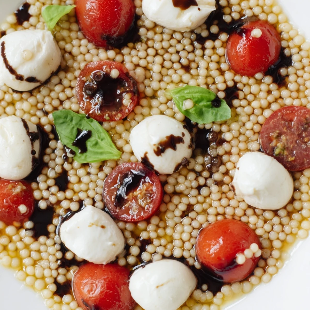 A vibrant Caprese Couscous Salad served on a platter, featuring halved mozzarella, cherry tomatoes, and pearl couscous drizzled with sweet balsamic glaze.  