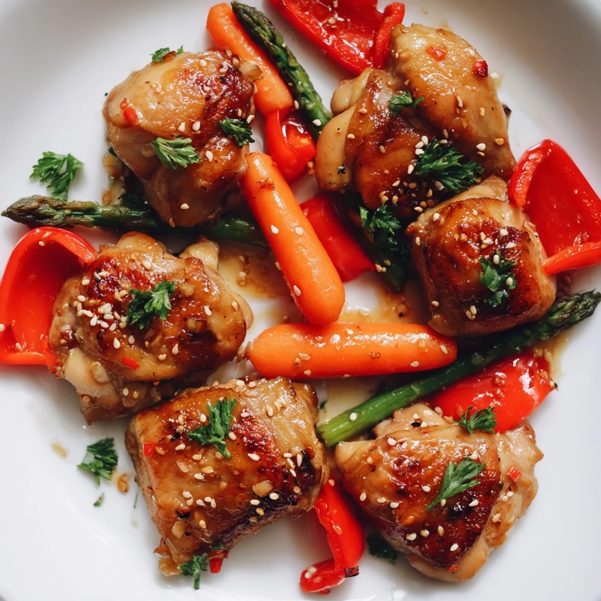 Easy sheet pan honey garlic chicken and veggies roasted to tender perfection, with golden edges and fresh parsley garnish.