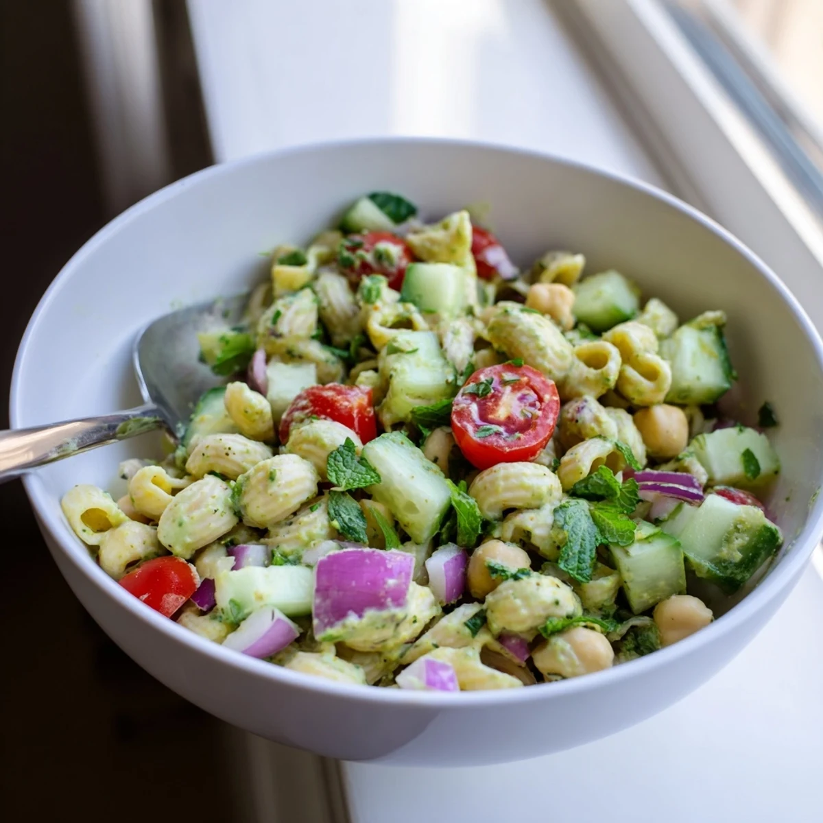 Bright green chickpea pasta salad with diced cucumbers, halved cherry tomatoes, and fresh herbs tossed in zesty lemon dressing.
