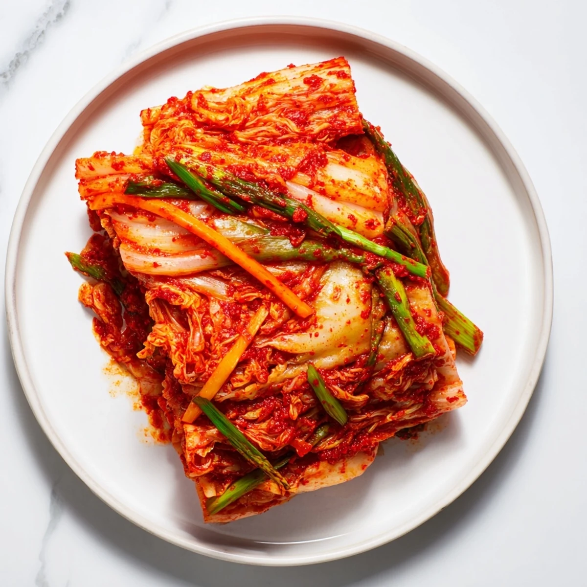 Bright red kimchi packed in a glass jar, featuring crunchy napa cabbage and daikon radishes coated in a vibrant, spicy gochugaru paste.  