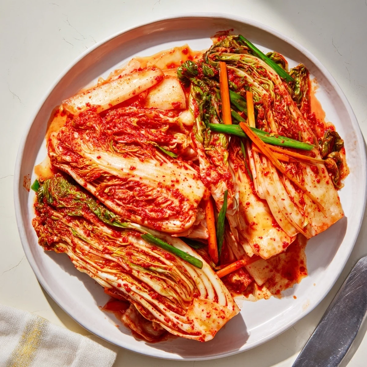 A close-up of freshly made kimchi, showcasing colorful julienned carrots and scallions mixed into the tangy, fermented Korean side dish.  