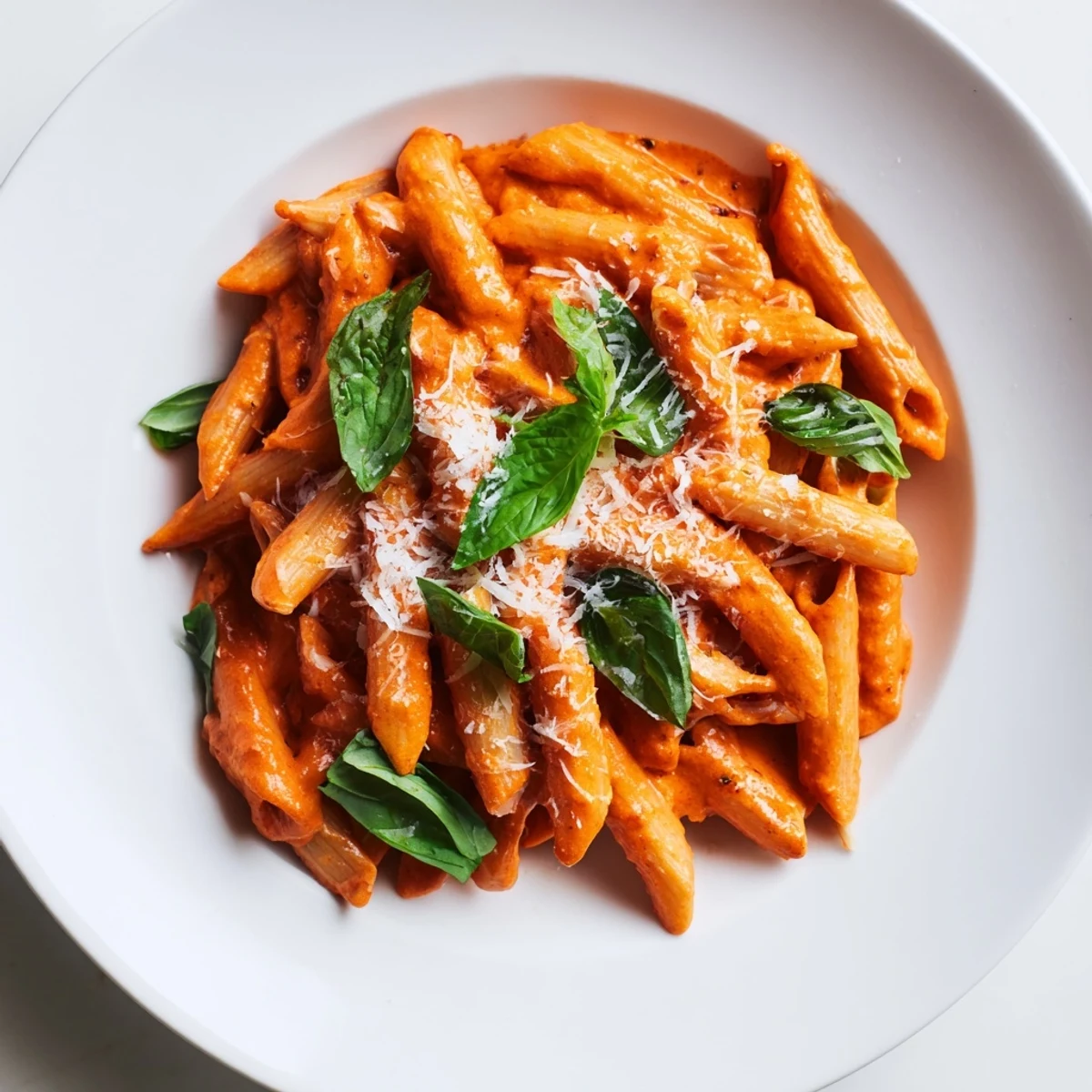 Creamy Roasted Red Pepper Pasta in a white bowl, garnished with fresh basil and shaved Parmesan for a vibrant Italian-inspired meal.