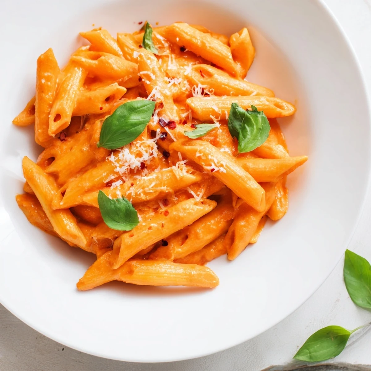 Steaming Roasted Red Pepper Pasta tossed in a rich, creamy sauce with garlic and red pepper flakes, ready to serve hot.