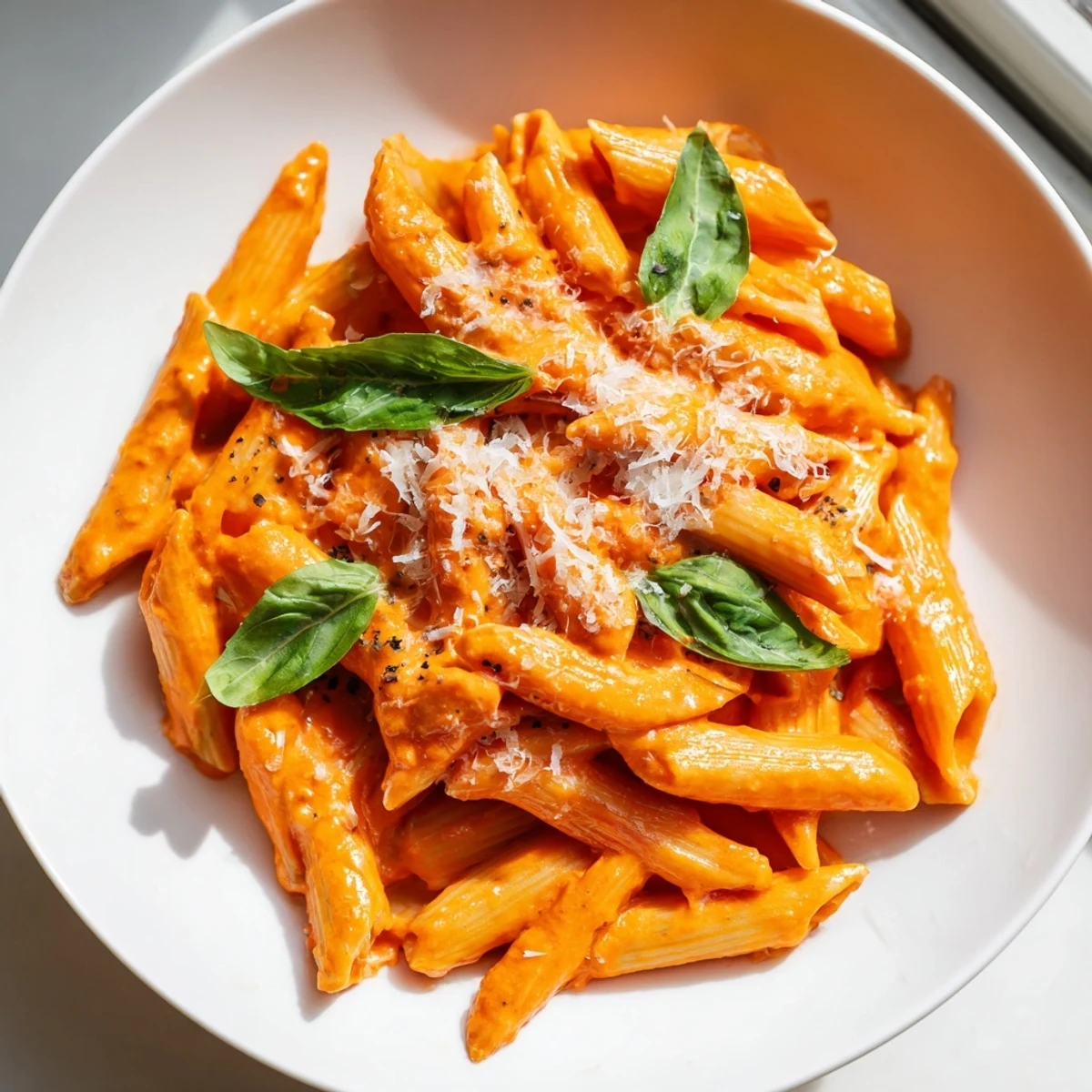 A skillet of Roasted Red Pepper Pasta with al dente penne, showcasing the silky roasted red pepper sauce and fresh basil.