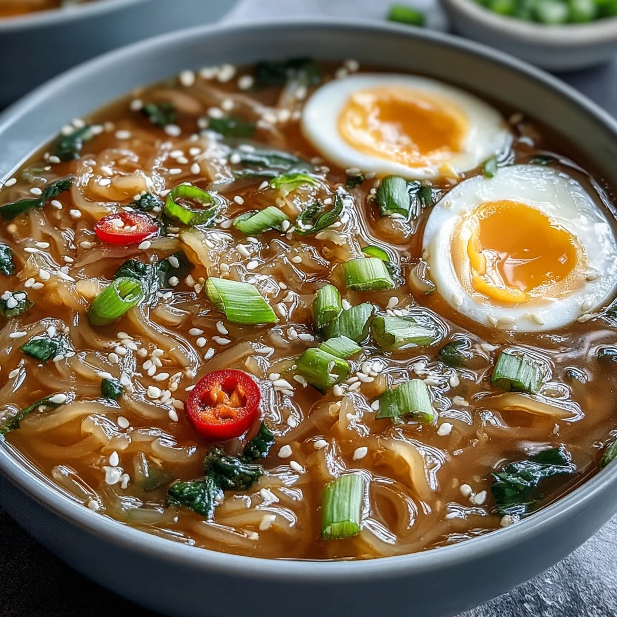 A comforting bowl of shirataki noodles in rich bone broth, topped with soft-boiled eggs and fresh herbs.
