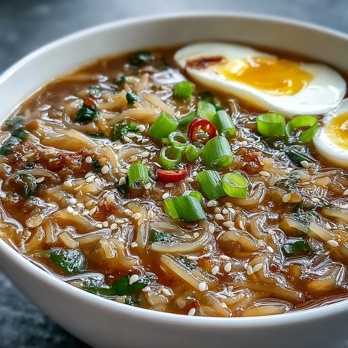 Steaming shirataki noodles in savory bone broth served in a bowl with optional toppings for a light meal.