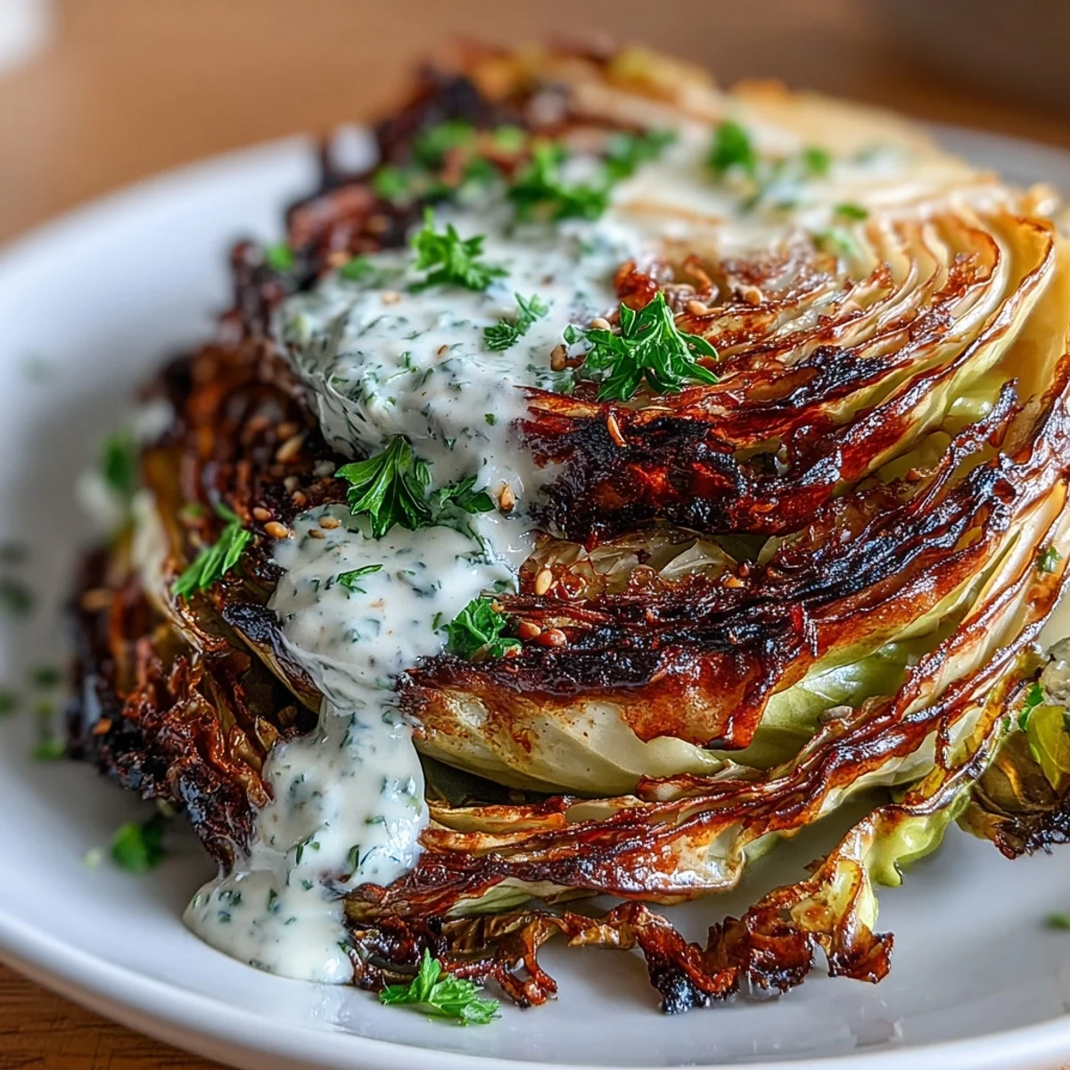 Golden roasted cabbage steaks with tahini sauce, lemon wedges, and fresh parsley.  