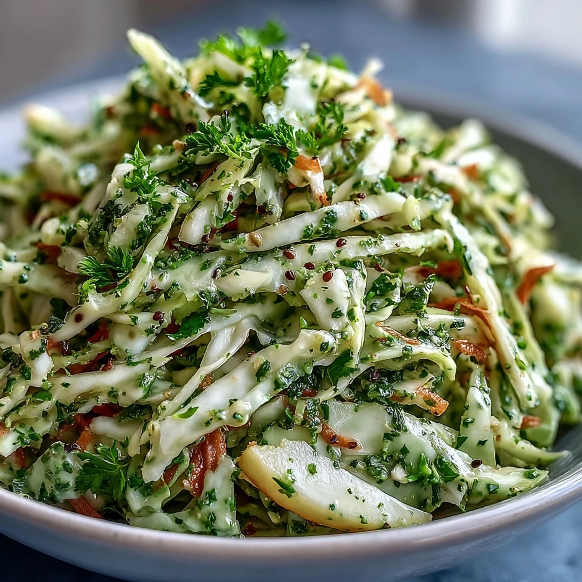 Shredded green cabbage and crisp Granny Smith apples tossed in a tangy dressing with poppy seeds, served in a white bowl.  