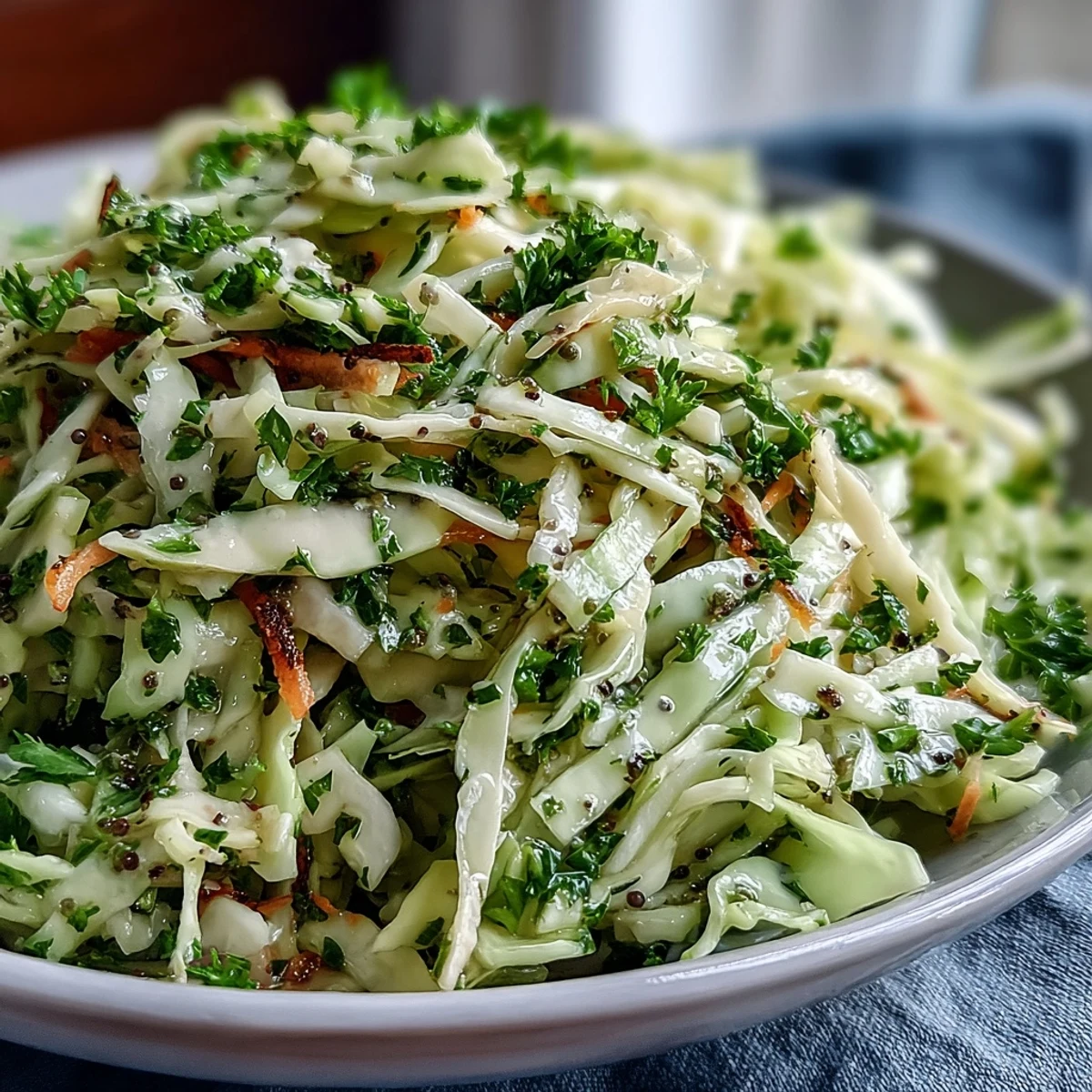 Freshly prepared Green Cabbage and Apple Slaw topped with green onions and parsley, ready for a summer picnic or barbecue.  