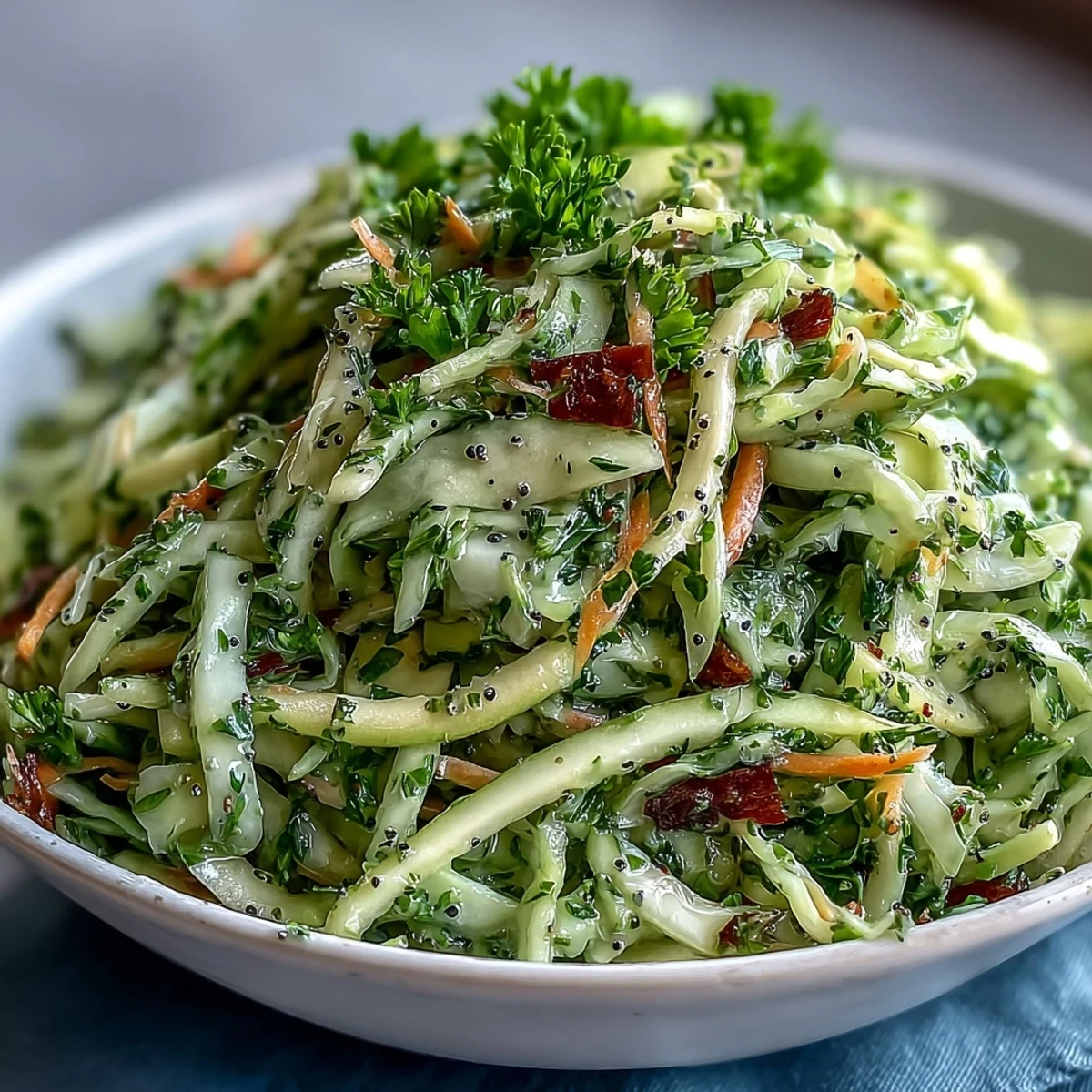 A vibrant bowl of Green Cabbage and Apple Slaw with grated carrots, highlighting its crunchy texture and light, tangy flavor.