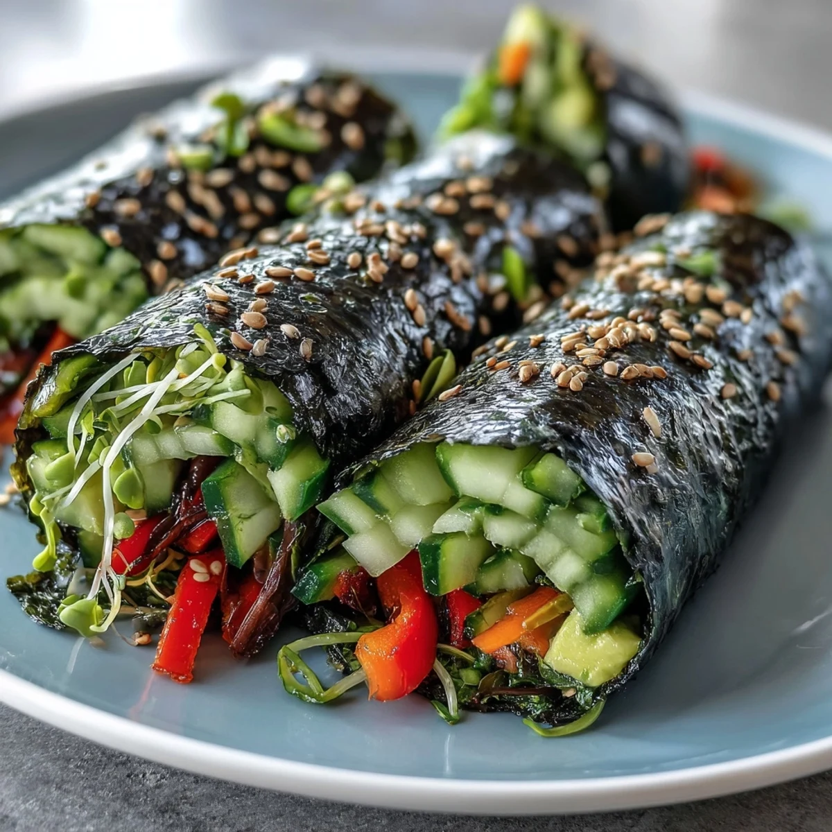 Colorful homemade Nori Rolls with Vegetables arranged with soy dipping sauce and pickled ginger for serving.  