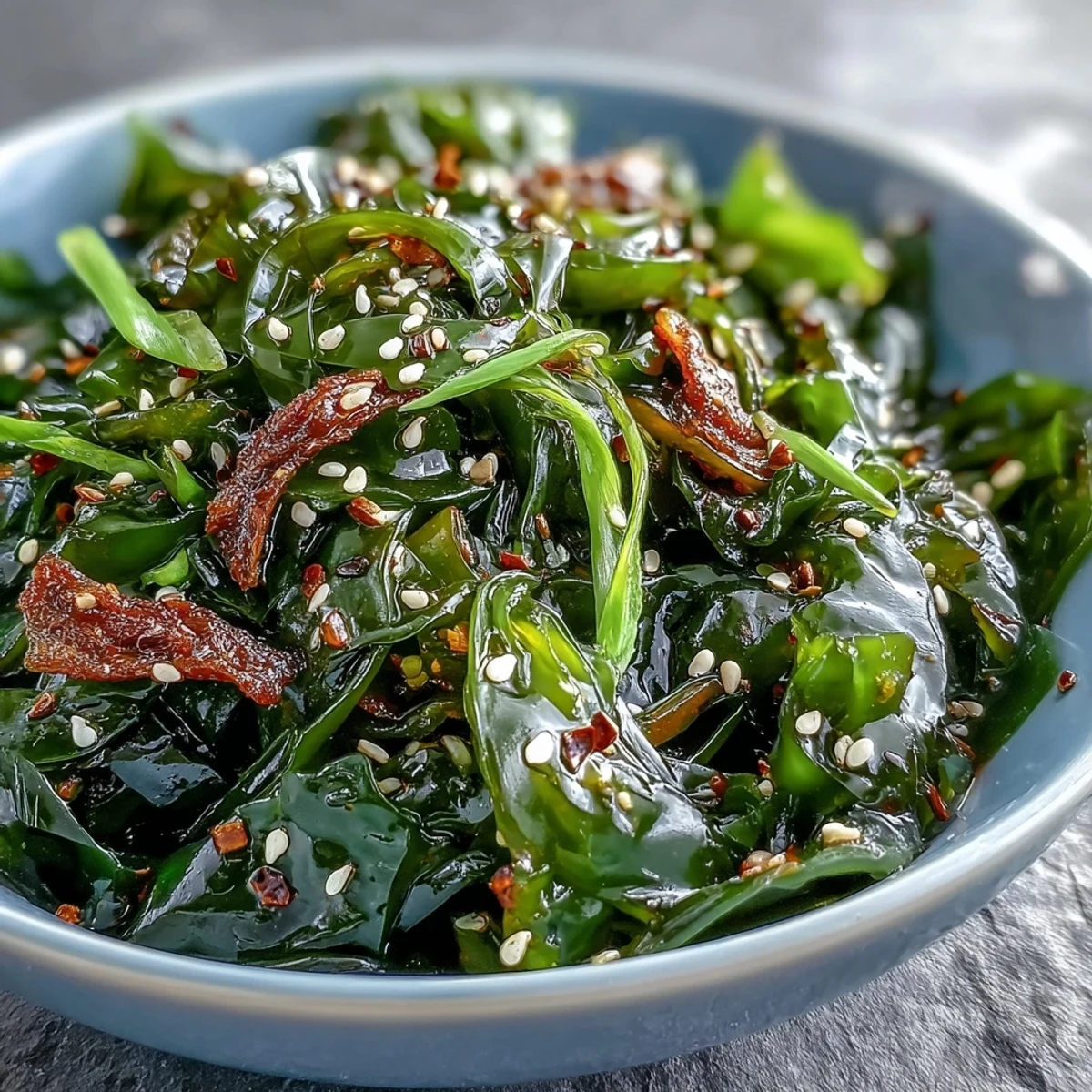 A close-up of vibrant Japanese seaweed salad glistening with sesame-ginger dressing and topped with fresh cilantro and sesame seeds.