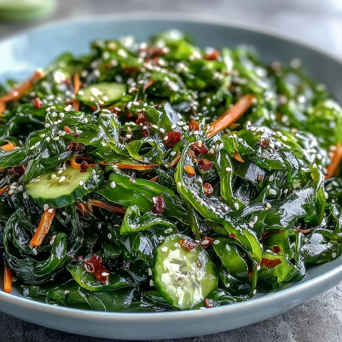 This refreshing bowl of Japanese seaweed salad combines crisp cucumber and carrot with a tangy sesame dressing, perfect for a light lunch.