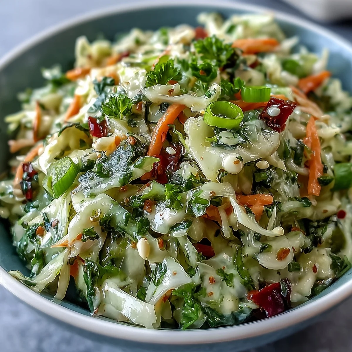 Tangy Sauerkraut Slaw with fermented cabbage, crisp carrots, and red bell pepper tossed in a light apple cider vinaigrette.  