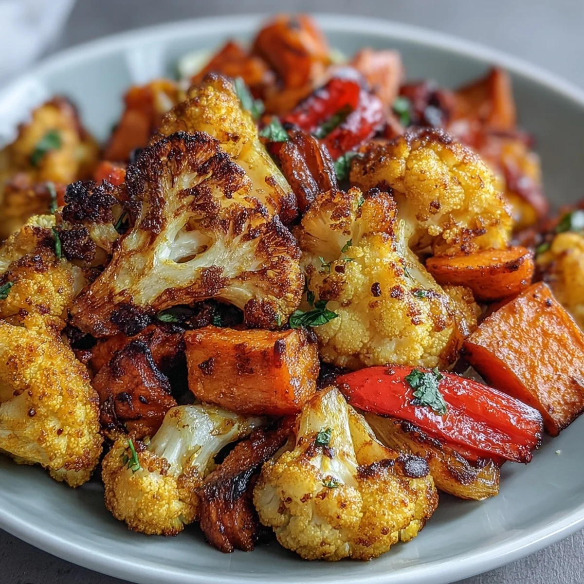Freshly roasted Anti-Inflammatory Turmeric Roasted Vegetables with golden cauliflower and sweet potatoes on a baking sheet.