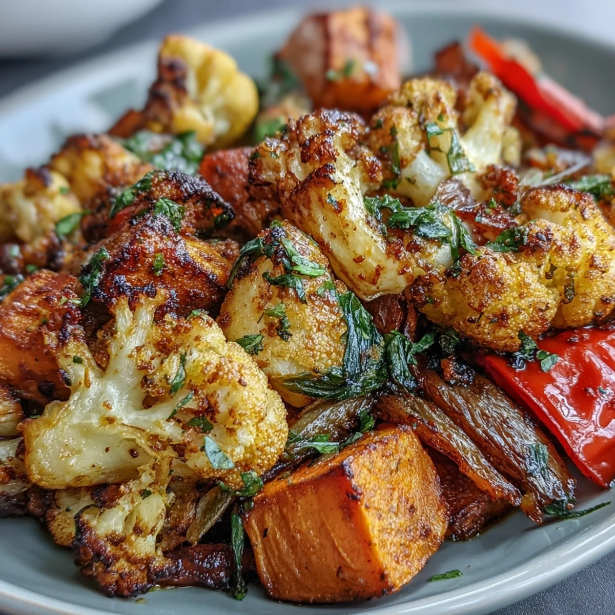 Crispy Anti-Inflammatory Turmeric Roasted Vegetables served warm from the oven with a garnish of fresh cilantro and lemon.