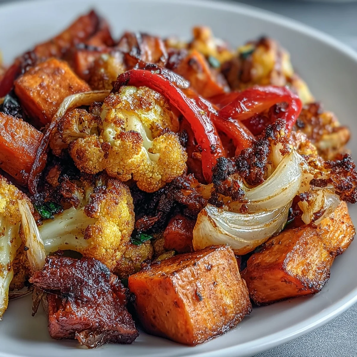 Colorful Anti-Inflammatory Turmeric Roasted Vegetables in a white bowl, perfect for a healthy vegan dinner or side dish.