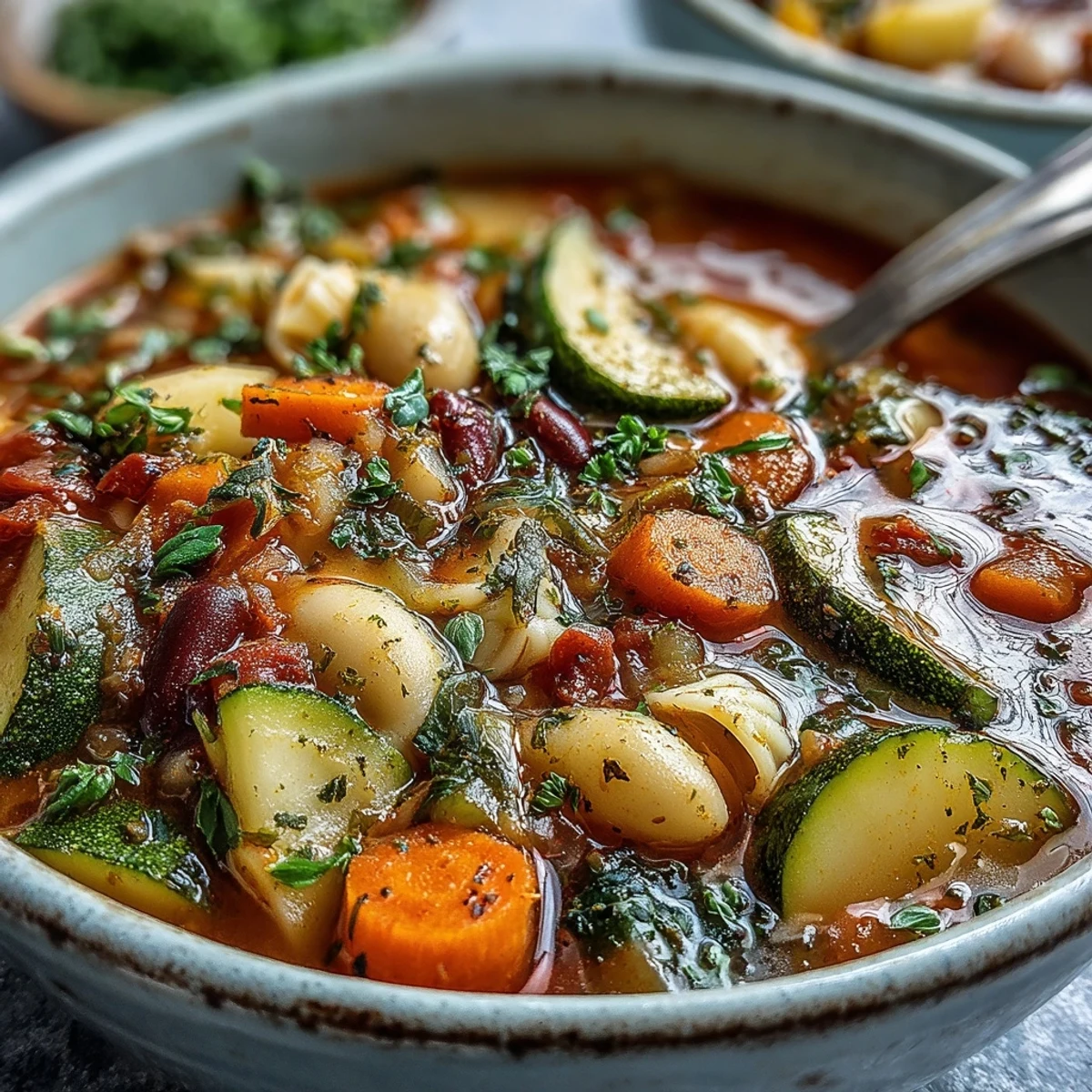 Hearty Vegetable Minestrone in a rustic bowl, topped with fresh parsley and grated Parmesan.