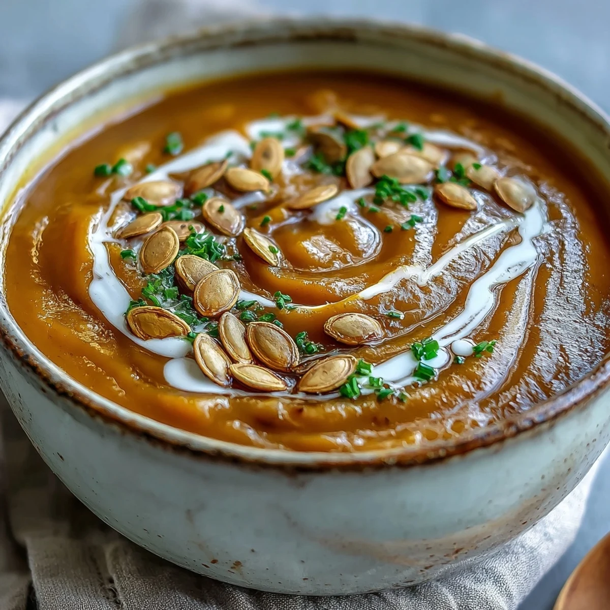 Roasted acorn squash soup in a rustic bowl, garnished with pumpkin seeds and fresh chives.