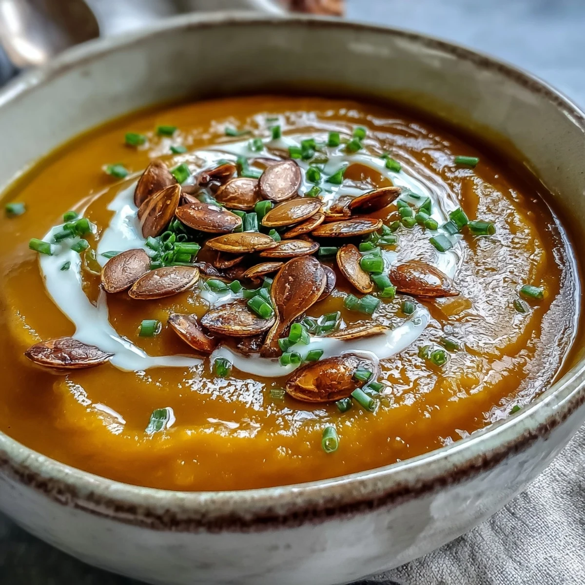 Warm bowl of homemade acorn squash soup served alongside crusty gluten-free bread slices.