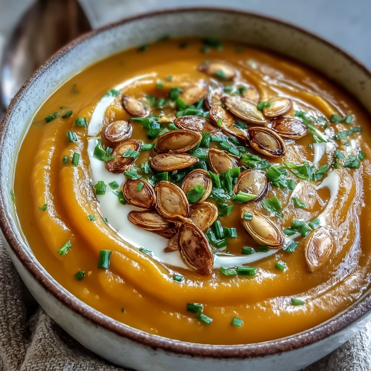 Silky smooth acorn squash soup with a drizzle of cream and ground nutmeg aroma.