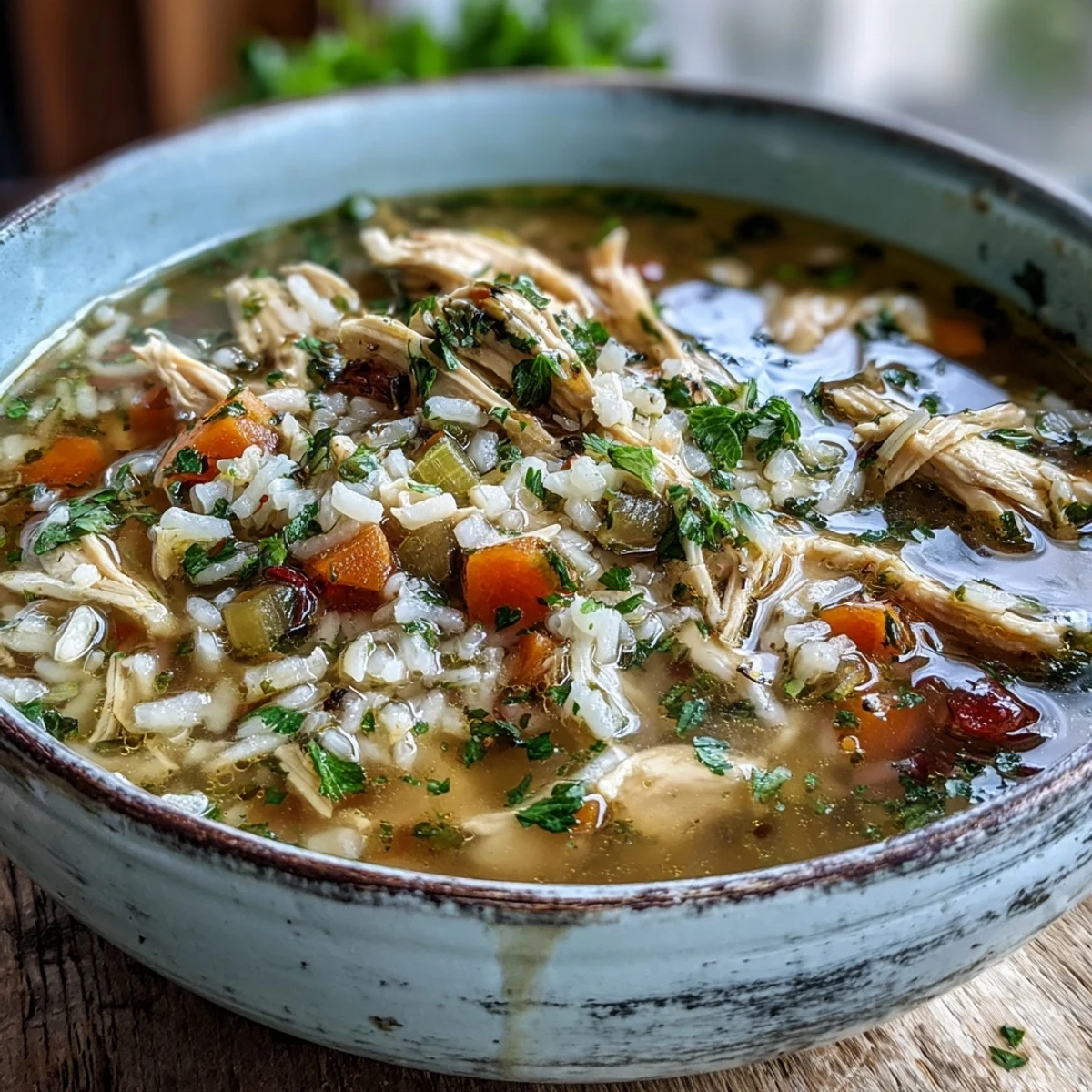 A steaming bowl of Cozy Winter Chicken and Rice Soup is garnished with fresh parsley and lemon.