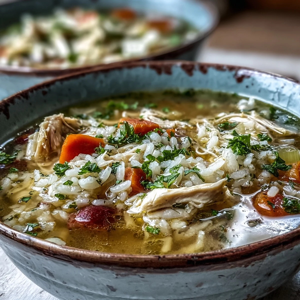 Served hot, this Cozy Winter Chicken and Rice Soup pairs perfectly with crusty bread.