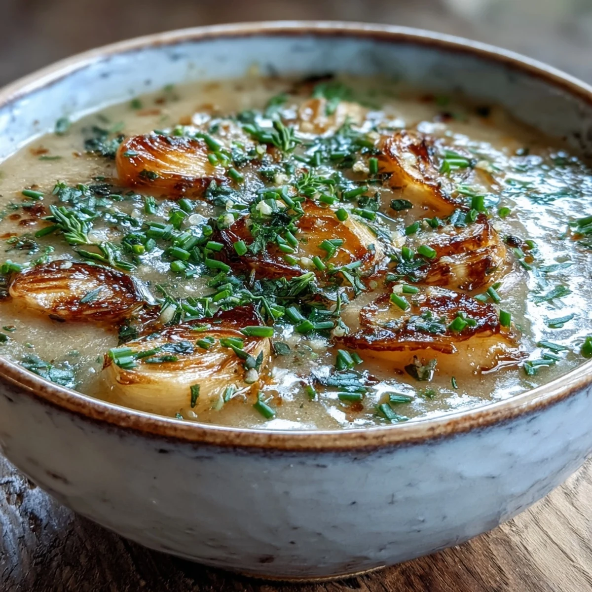 A warm bowl of Roasted Garlic and Herb Soup garnished with fresh chives, paired with crusty bread for dipping.