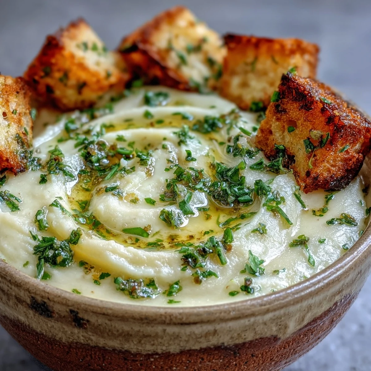 Garlic and Herb Soup served hot with gluten-free bread and melted Parmesan.