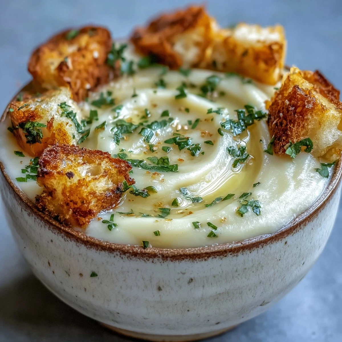 Rustic Garlic and Herb Soup in a white bowl, topped with fresh herbs.