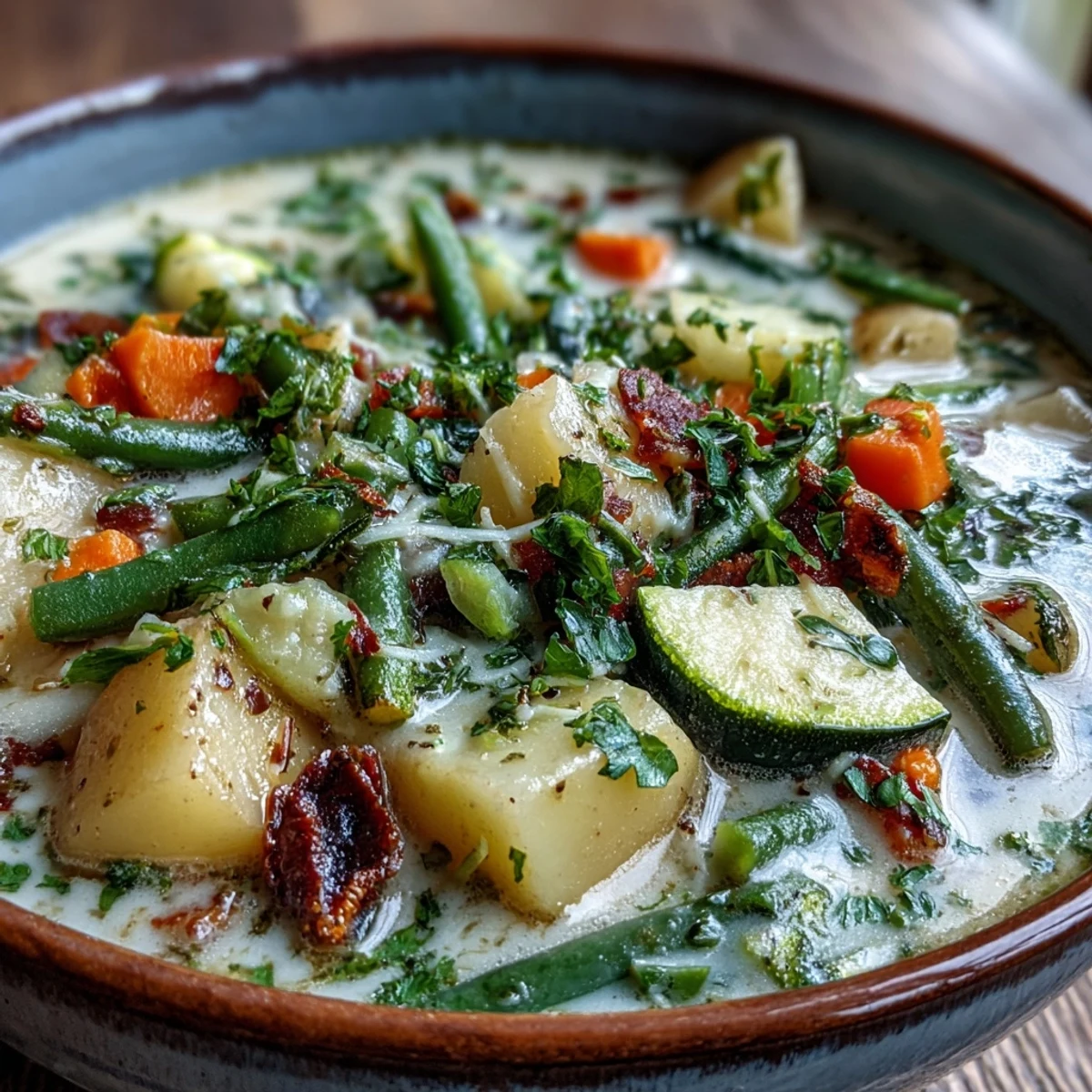Steaming bowl of Parmesan Veggie Soup with fresh parsley and grated cheese.
