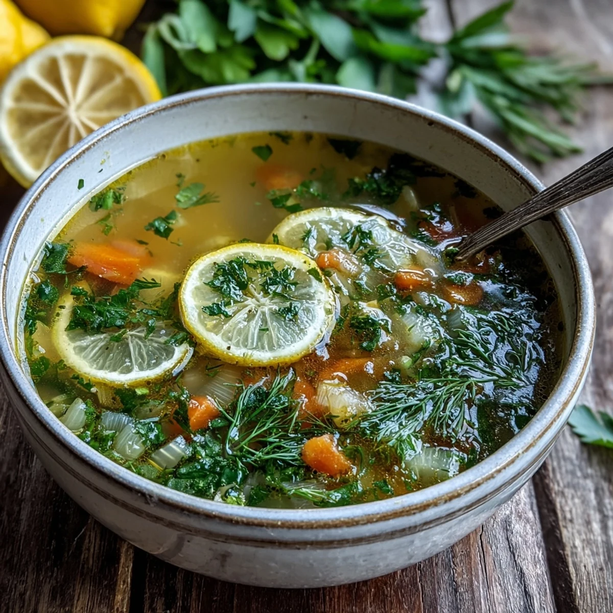 A bowl of bright Lemon Herb Soup, garnished with fresh dill and parsley, steaming alongside crusty bread.