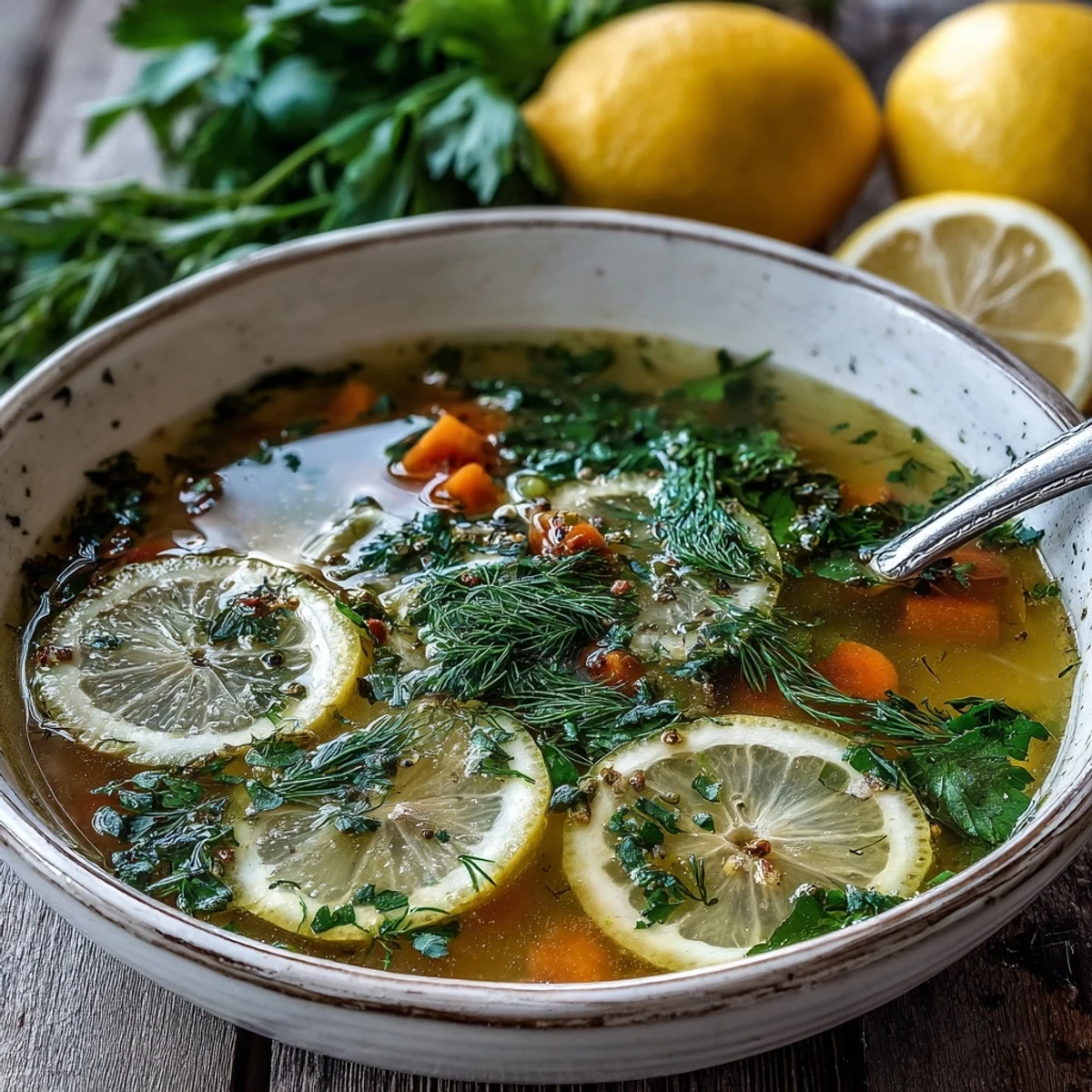 A close-up of Lemon Herb Soup in a rustic bowl, featuring vibrant carrot pieces and fresh herbs.