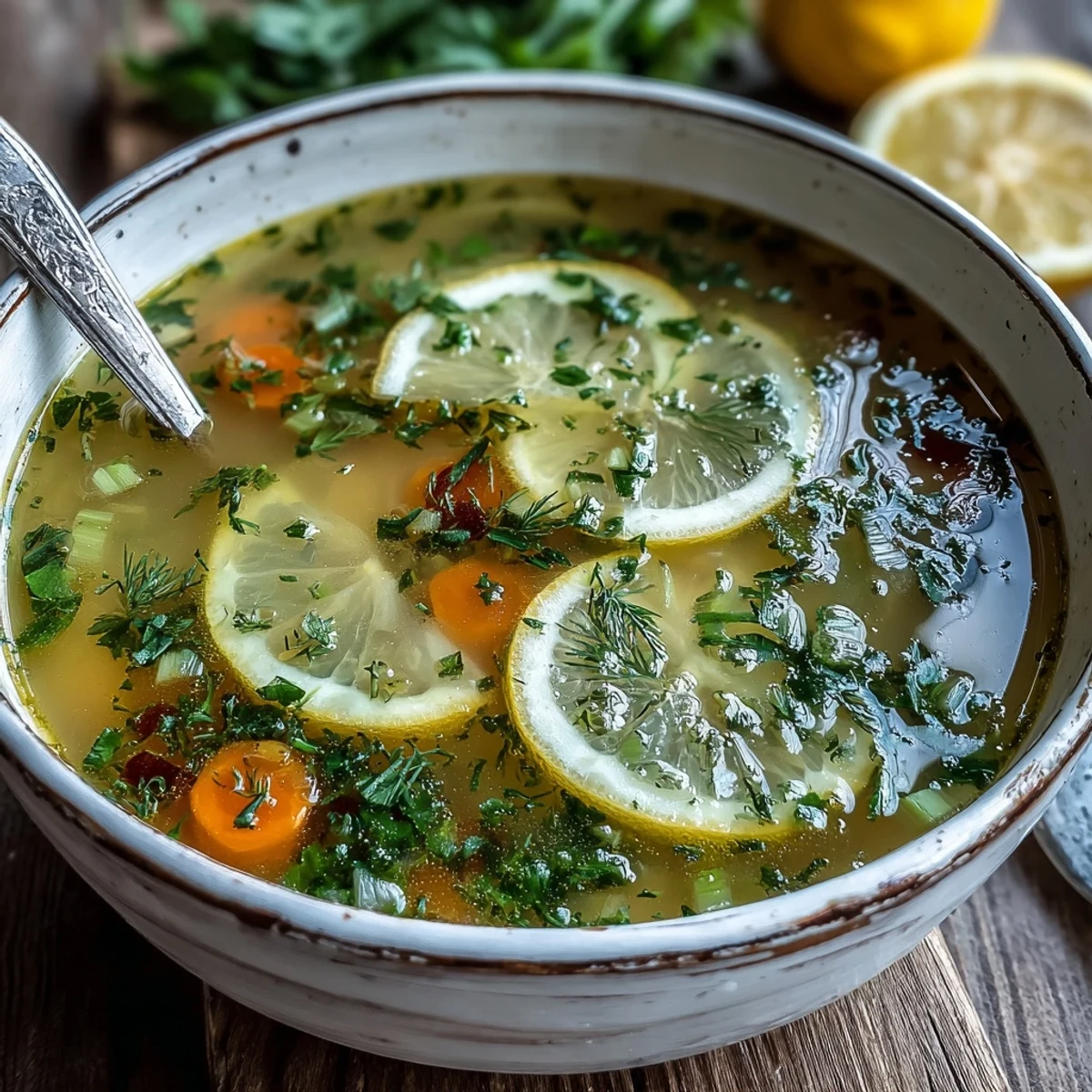 Steam rises from a ladle of Lemon Herb Soup, showcasing zesty lemon slices and chopped chives.