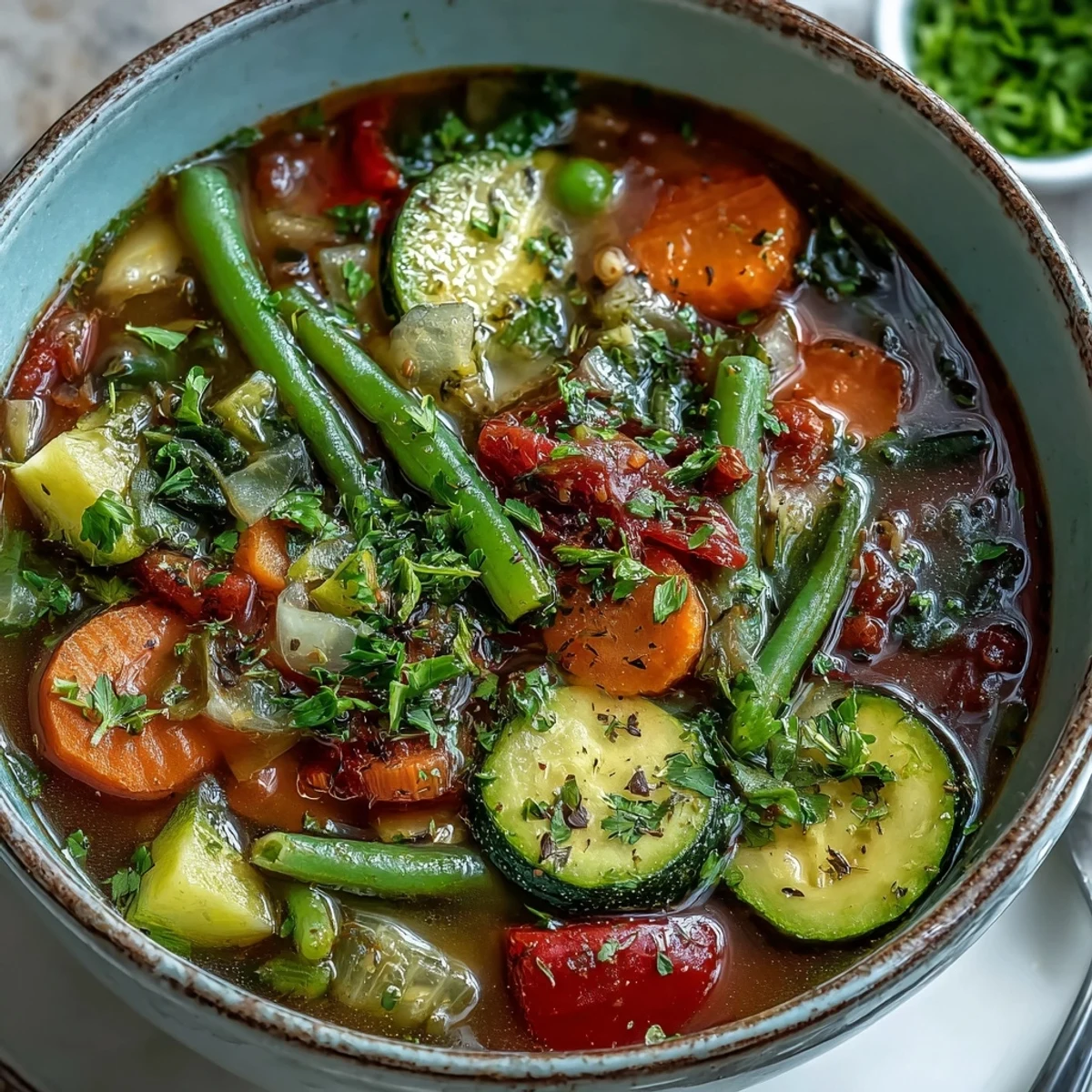 A warm bowl of Italian Herb Vegetable Soup, garnished with fresh parsley and filled with colorful veggies like carrots and zucchini.