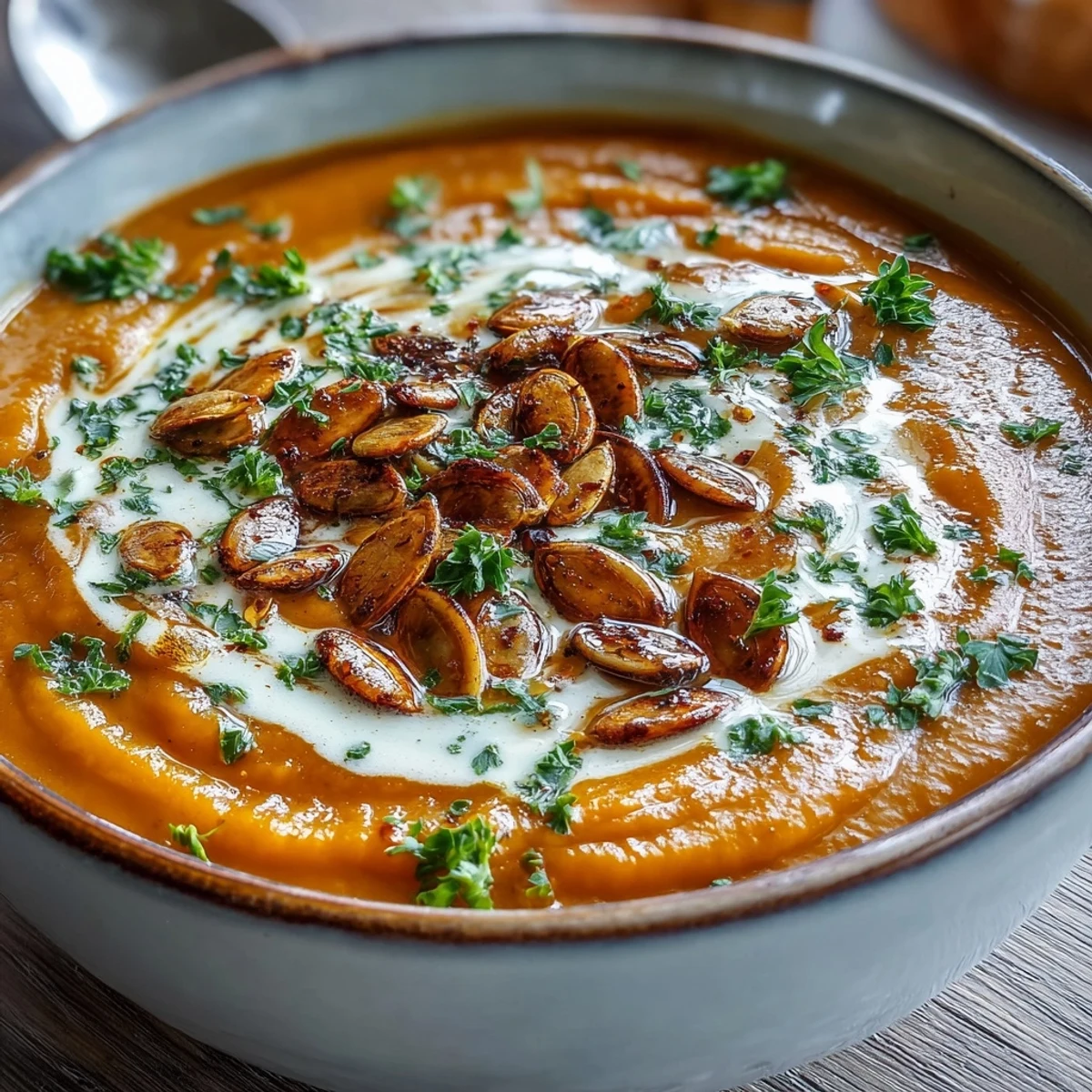 Warm Pumpkin Soup served beside crusty bread on a wooden table, perfect for fall.