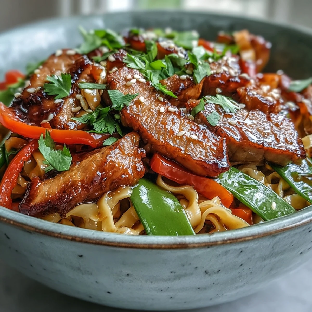 This Pork Noodle Stir-Fry is served in a warm bowl, garnished with sesame seeds and fresh green onions.