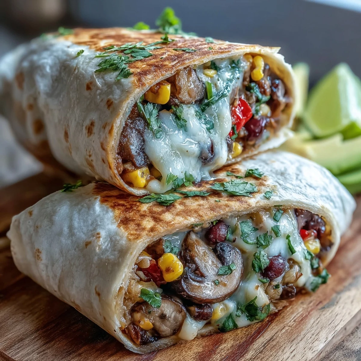 Warm flour tortilla burritos filled with colorful sautéed vegetables and black beans, ready to serve.