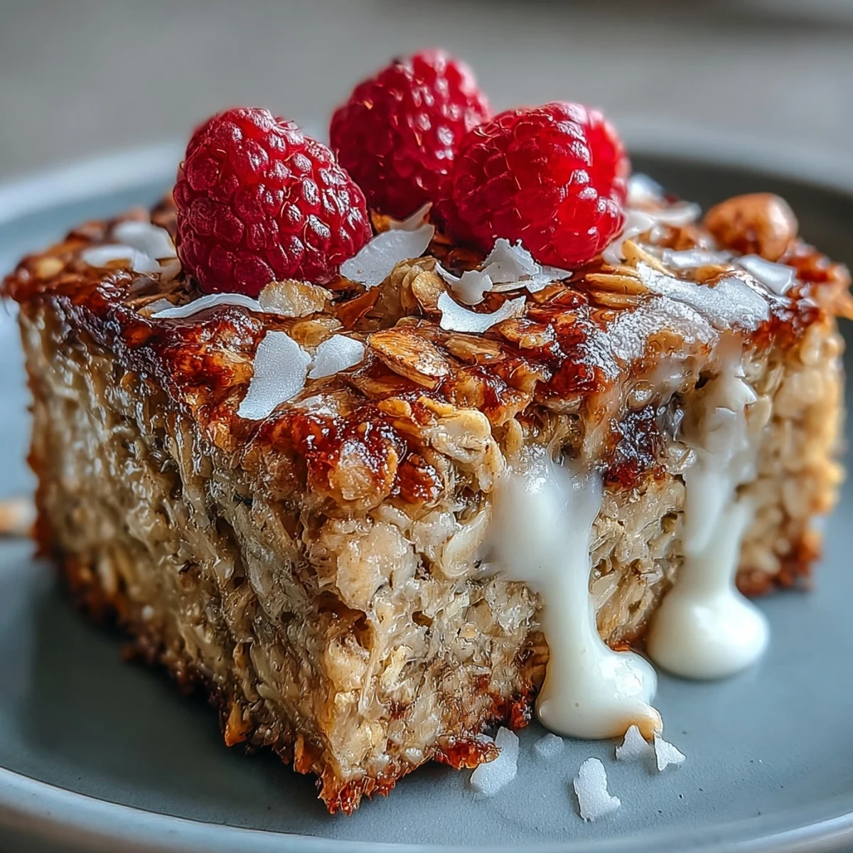 Close-up of Baked Oatmeal with Raspberry and Coconut showing juicy red berries and toasted coconut flakes.