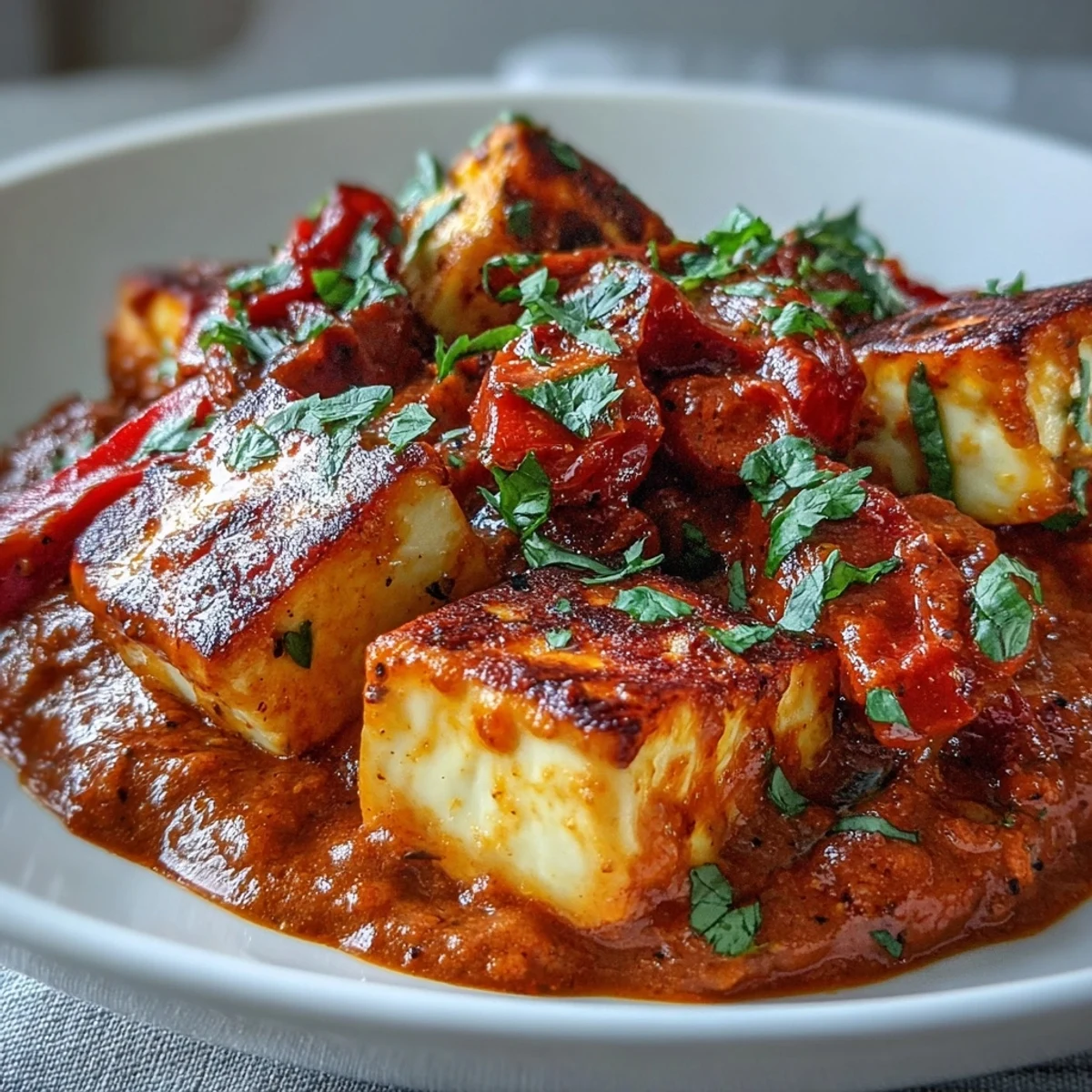 Golden pan-fried halloumi cubes simmer in a creamy tomato coconut curry sauce, garnished with cilantro.